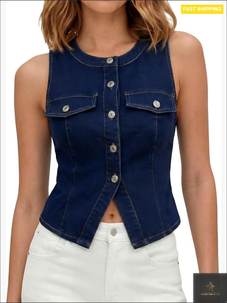Sleeveless Denim Vest Button Down Fitted Crewneck Summer Western Trendy Casual